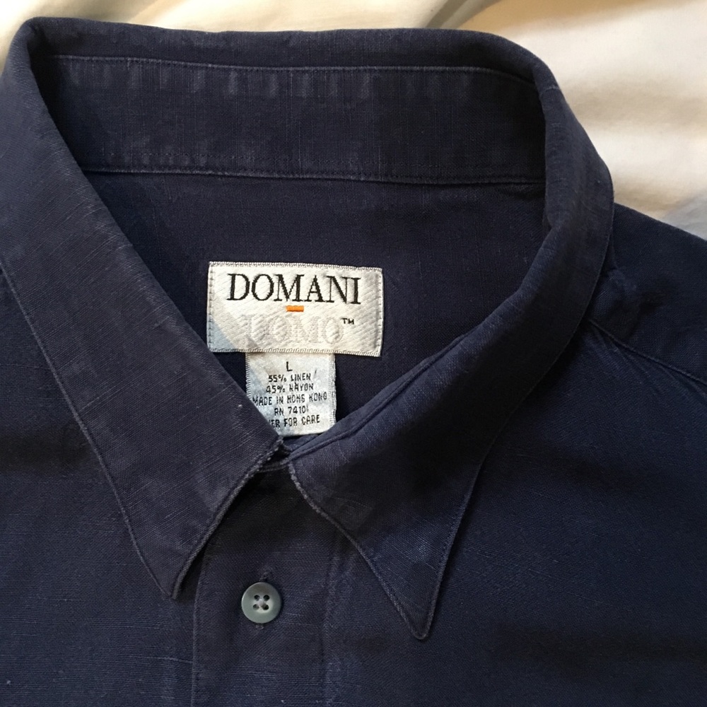 Men’s blue linen rayon button down shirt.